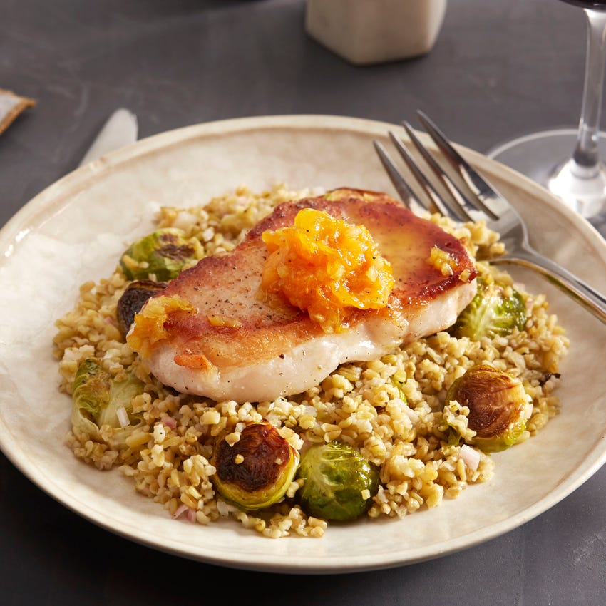 Recipe Pork Chops & Freekeh Salad with Brussels Sprouts & Clementine