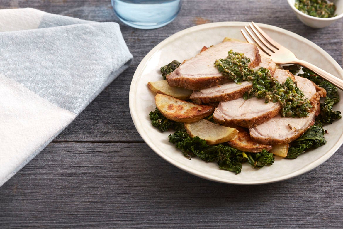 Recipe TuscanStyle Roasted Pork with Kale & Salsa Verde Blue Apron