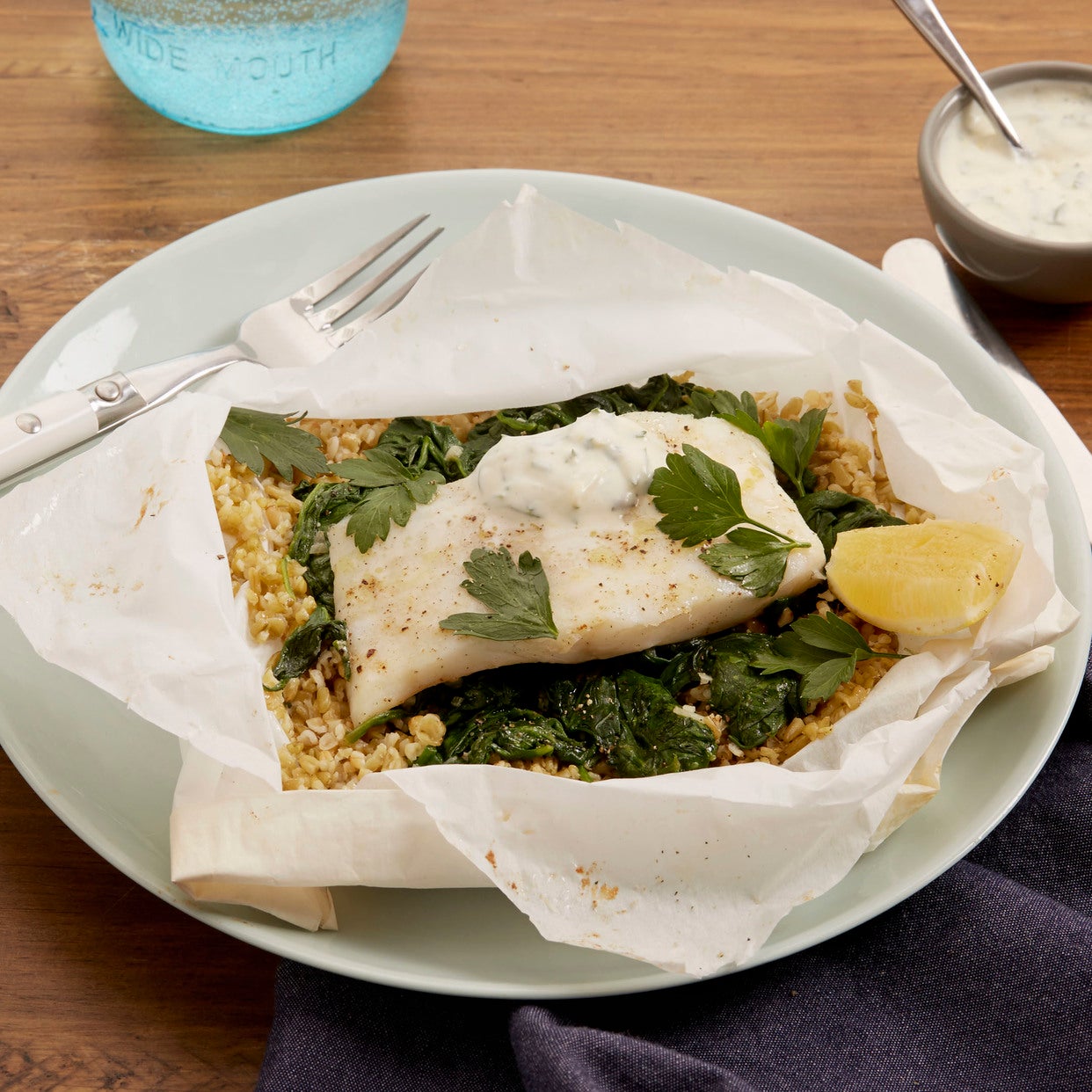 Recipe Cod en Papillote with Freekeh & Spinach Blue Apron