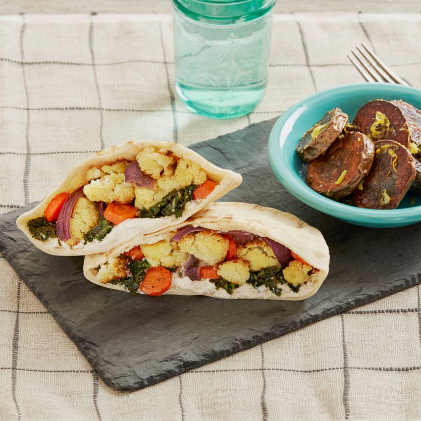 Recipe Roasted Cauliflower Pitas with Feta Cheese & Yogurt Blue Apron