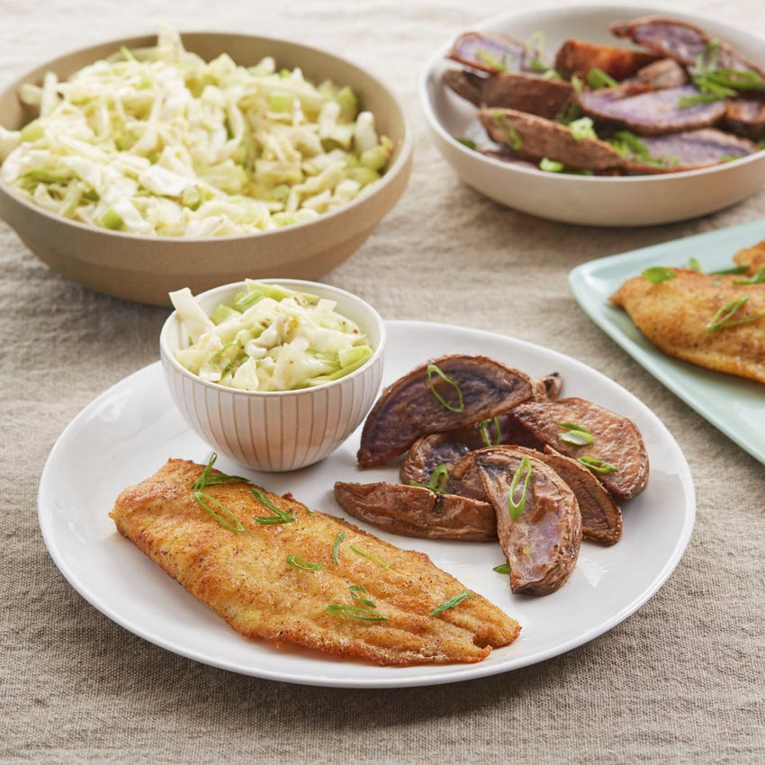Recipe PaprikaSpiced Catfish with Cabbage Slaw & Roasted Purple