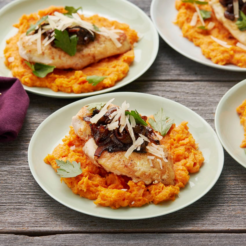 Recipe Seared Chicken Mashed Sweet Potatoes With Balsamic Caramelized Onion Blue Apron These spuds are even more versatile than you thought. seared chicken mashed sweet potatoes with balsamic caramelized onion