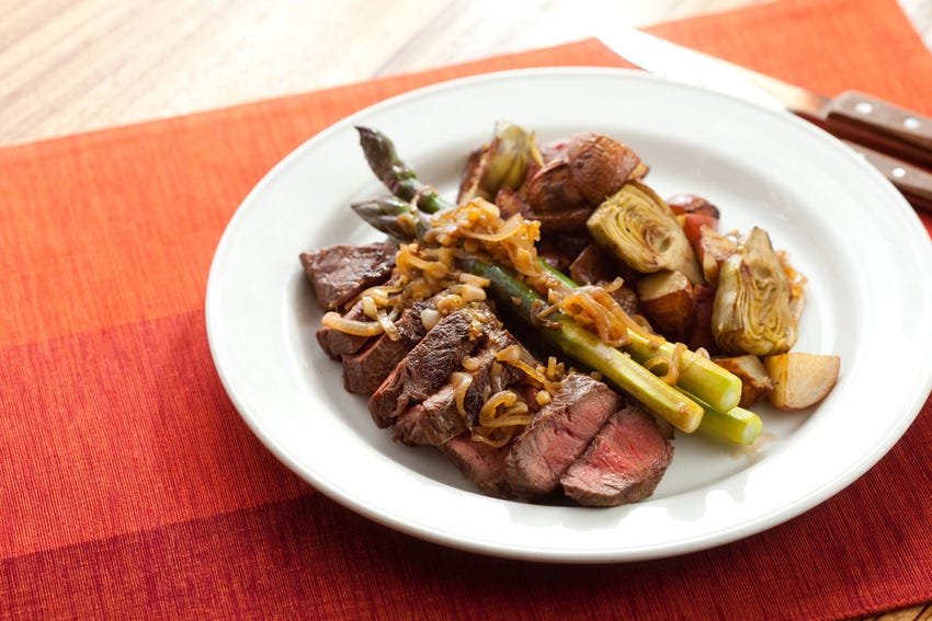 Recipe Flat Iron Steaks with ArtichokePotato Hash, Purple Asparagus & Caramelized Shallots
