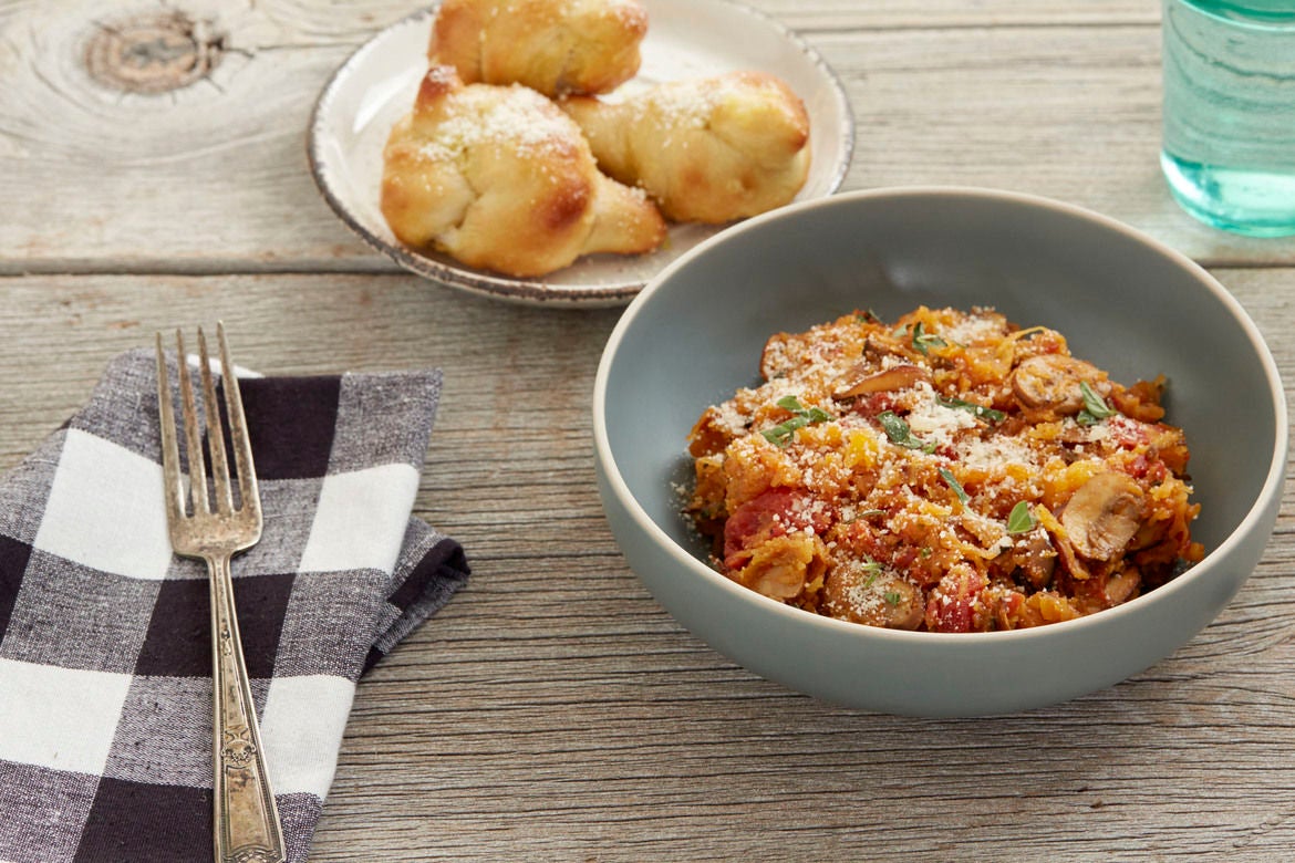 Recipe Spaghetti Squash Marinara with Mushrooms & Garlic Knots Blue