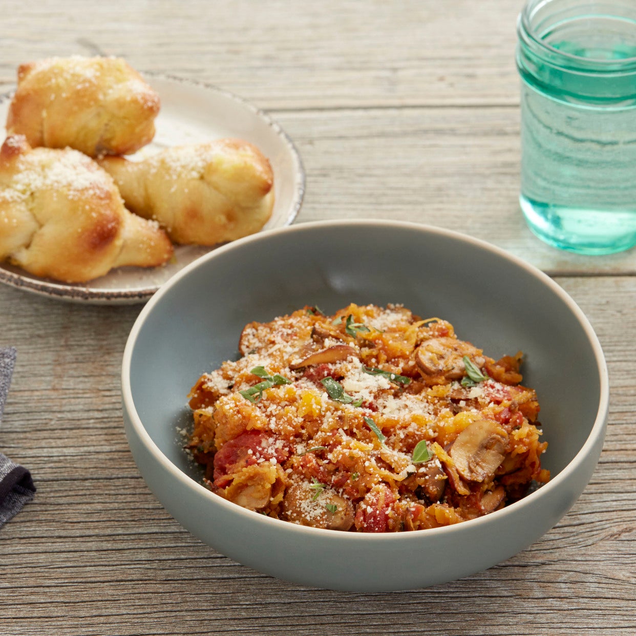 Recipe Spaghetti Squash Marinara with Mushrooms & Garlic Knots Blue
