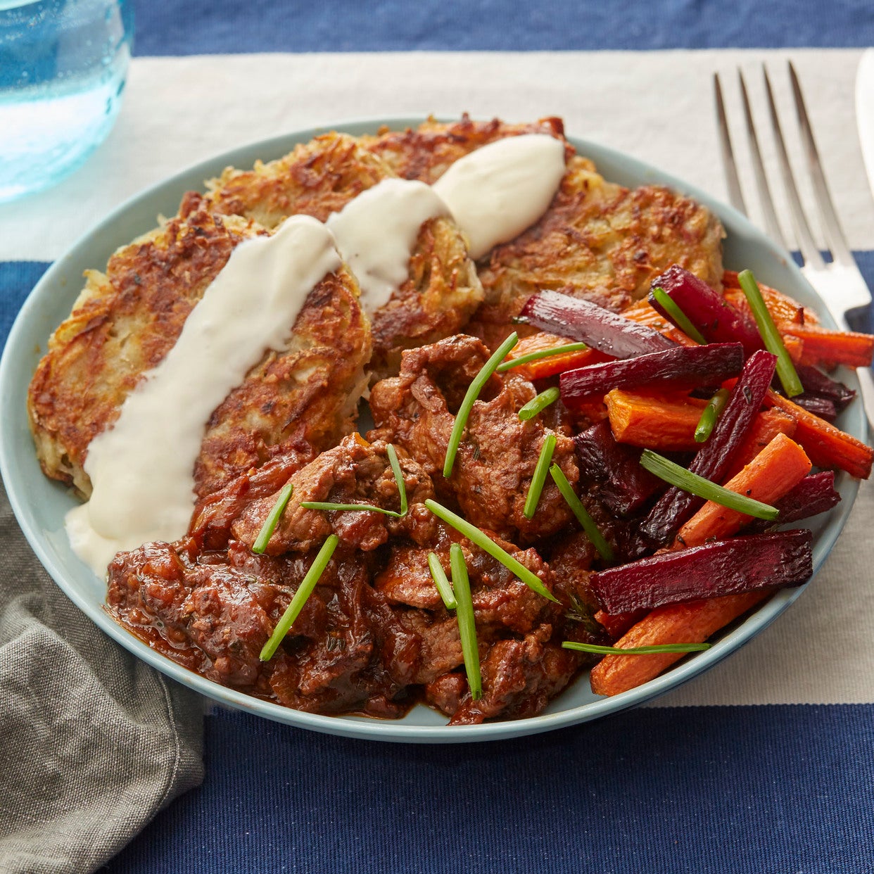 Recipe Sautéed Beef & Potato Latkes with Roasted Beet & Carrots Blue
