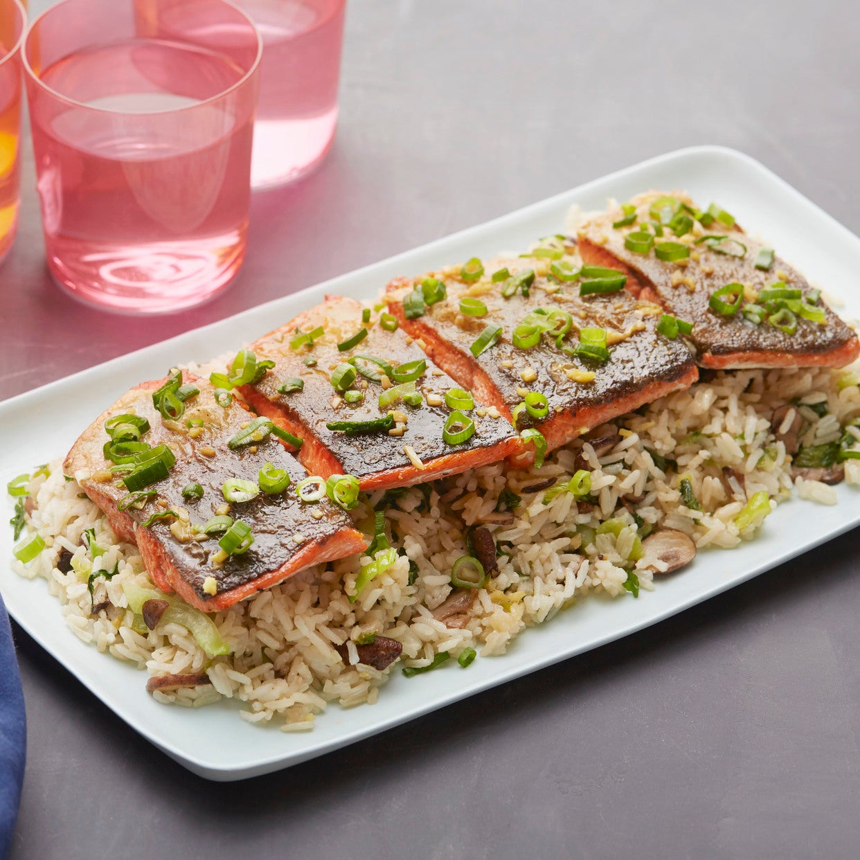 Recipe Orange & SoyGlazed Salmon with Mushroom & Bok Choy Rice Blue