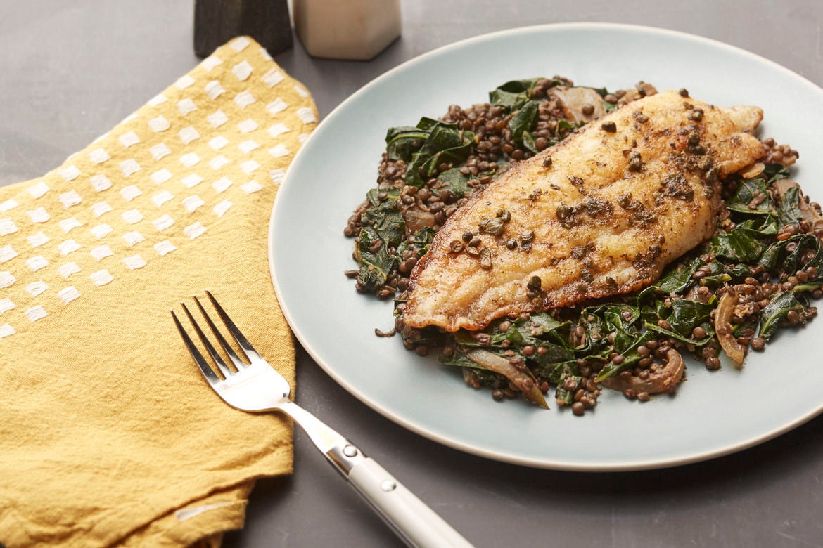 Recipe LemonCaper Catfish with Spiced Lentils & Collard Greens Blue