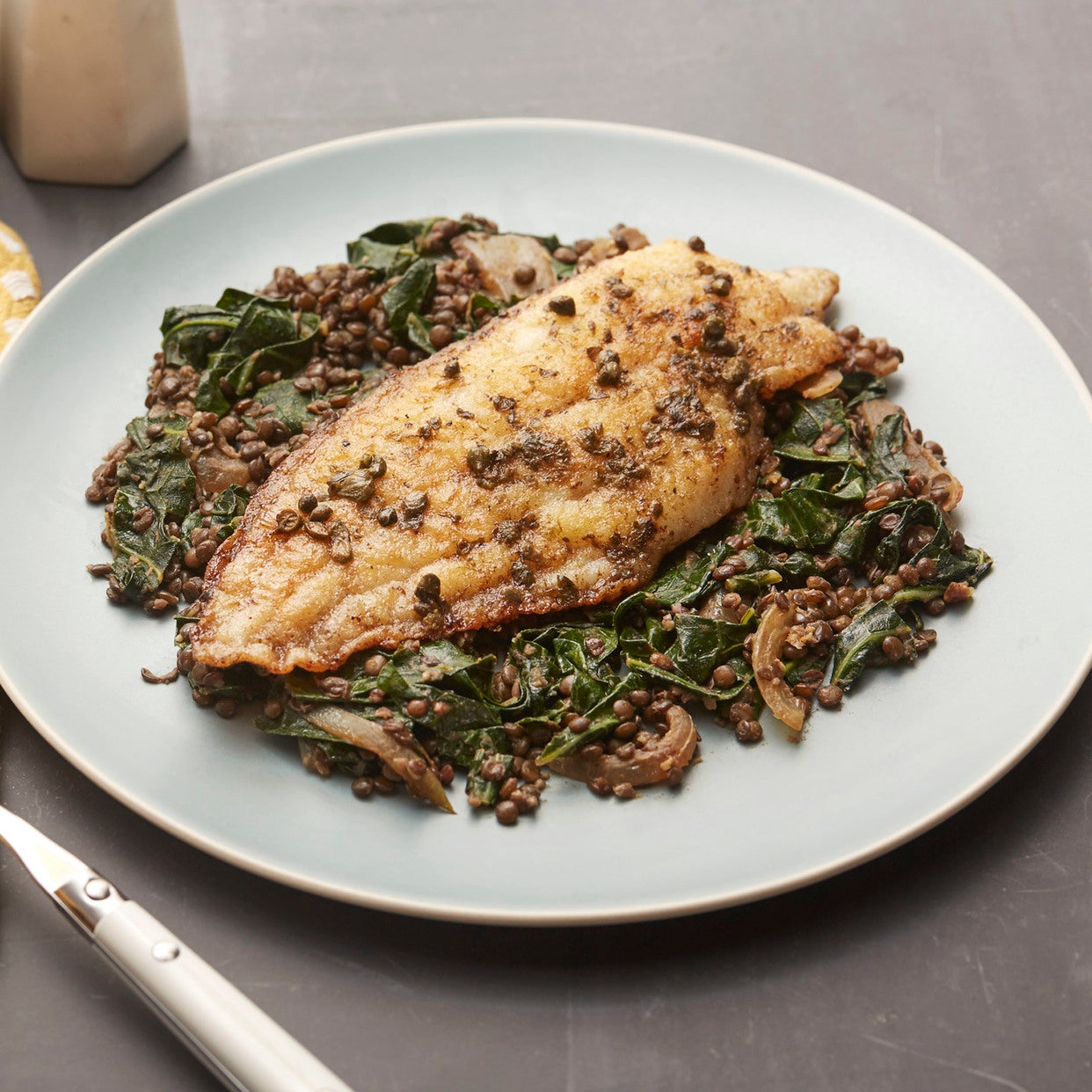 Recipe LemonCaper Catfish with Spiced Lentils & Collard Greens Blue