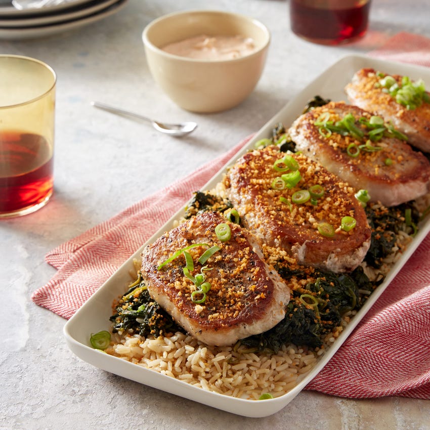 Recipe Pork Chops & Garlic Picada with Brown Rice & Spinach Blue Apron
