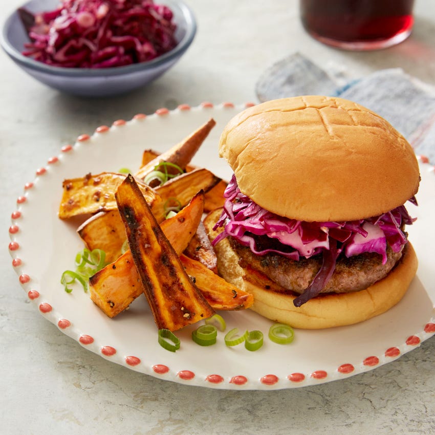 Recipe Burgers & Red Cabbage Slaw with Sriracha Mayo & Roasted Sweet