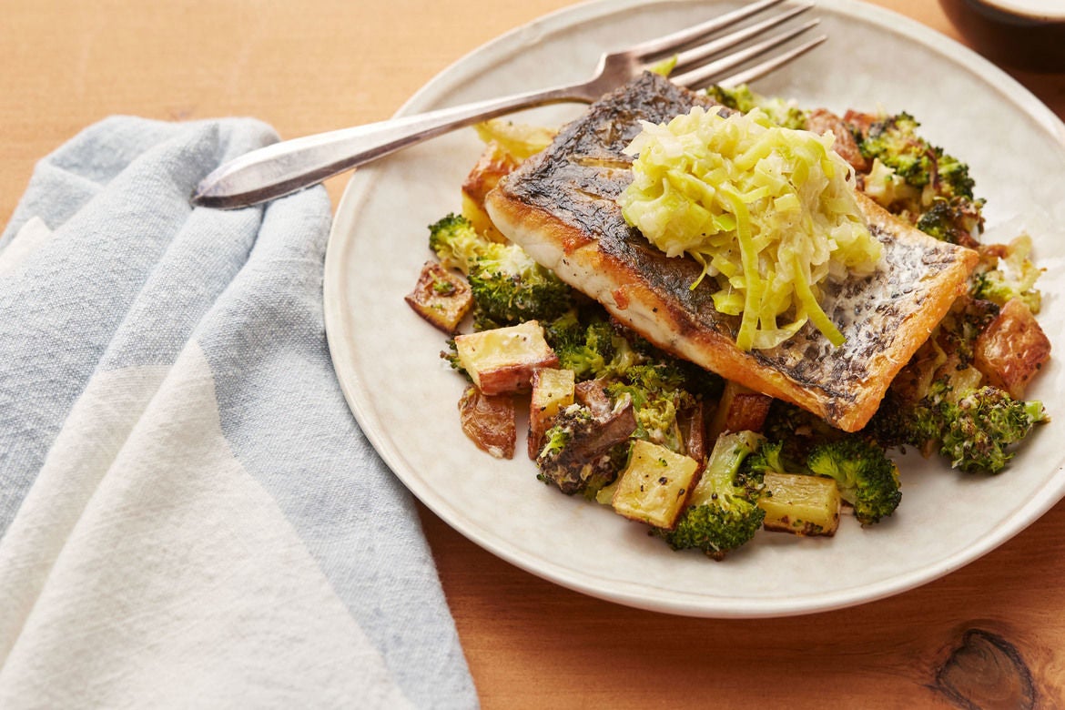 Recipe Crispy Barramundi with Melted Leek & Roasted Vegetables Blue