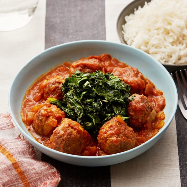 Recipe Egyptian Meatballs with Spicy Tomato Sauce, Kale & Rice Blue