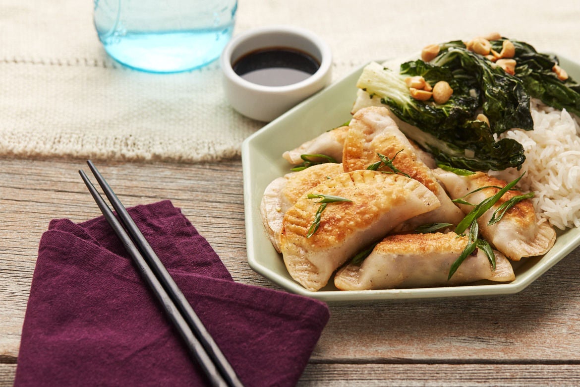 Recipe Mushroom & Cabbage Dumplings with Roasted Bok Choy & Basmati
