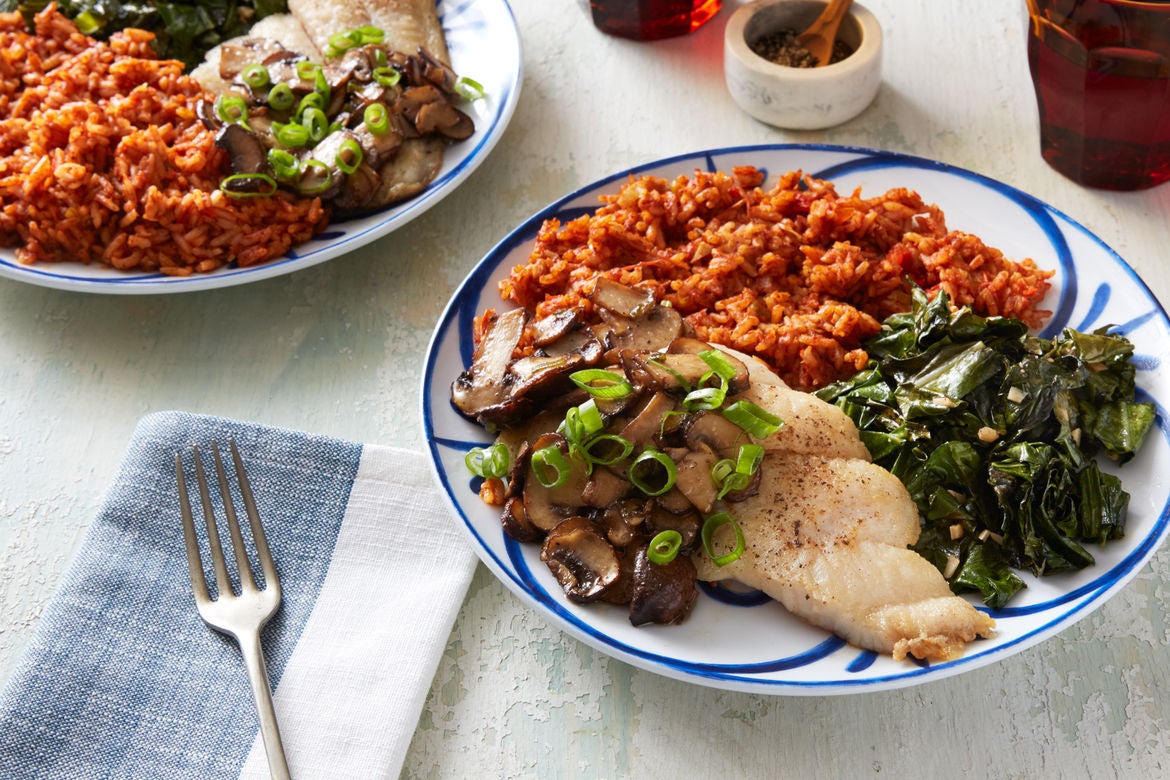 Recipe Cajun Catfish & Spiced Rice with Collard Greens & Mushrooms