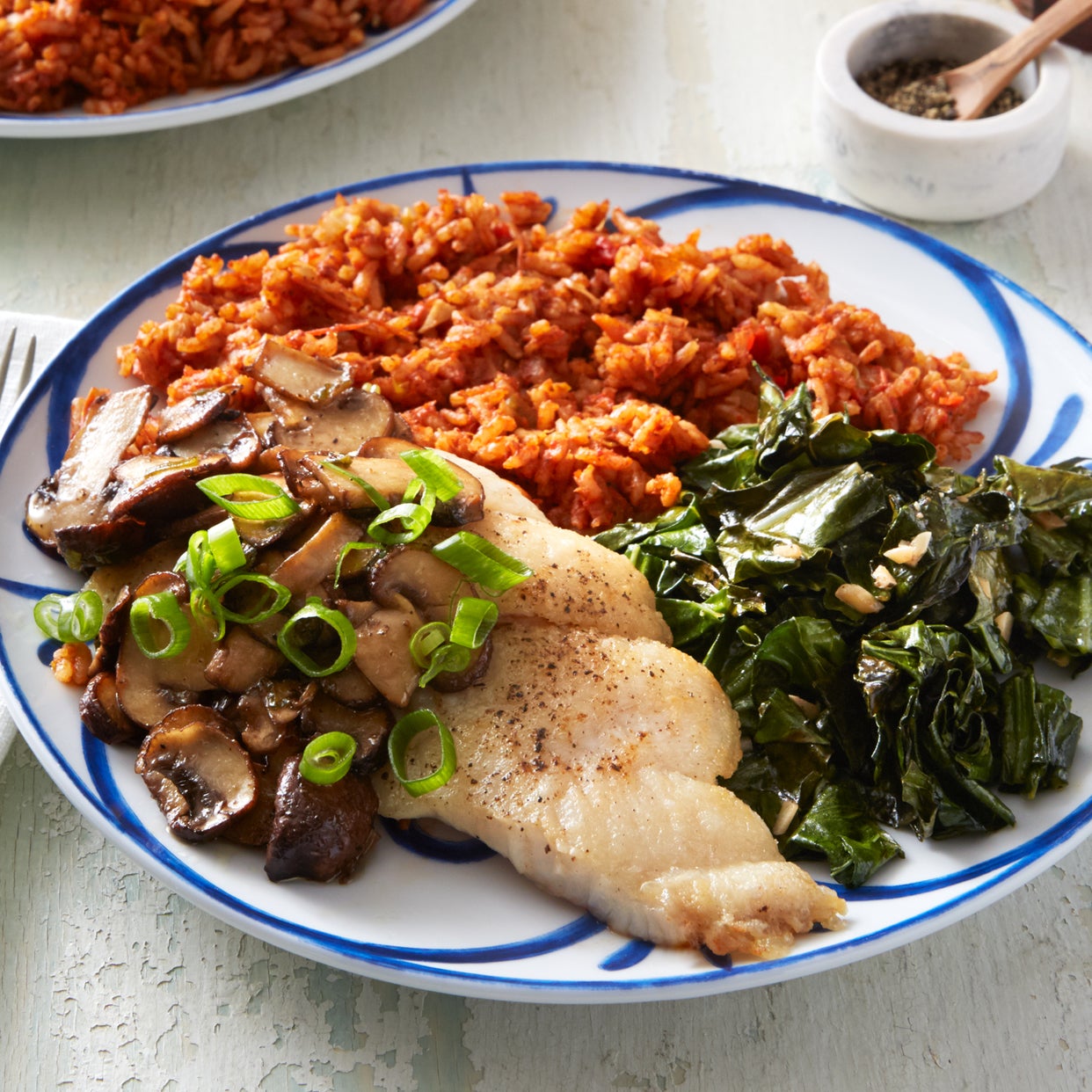 Recipe Cajun Catfish & Spiced Rice with Collard Greens & Mushrooms