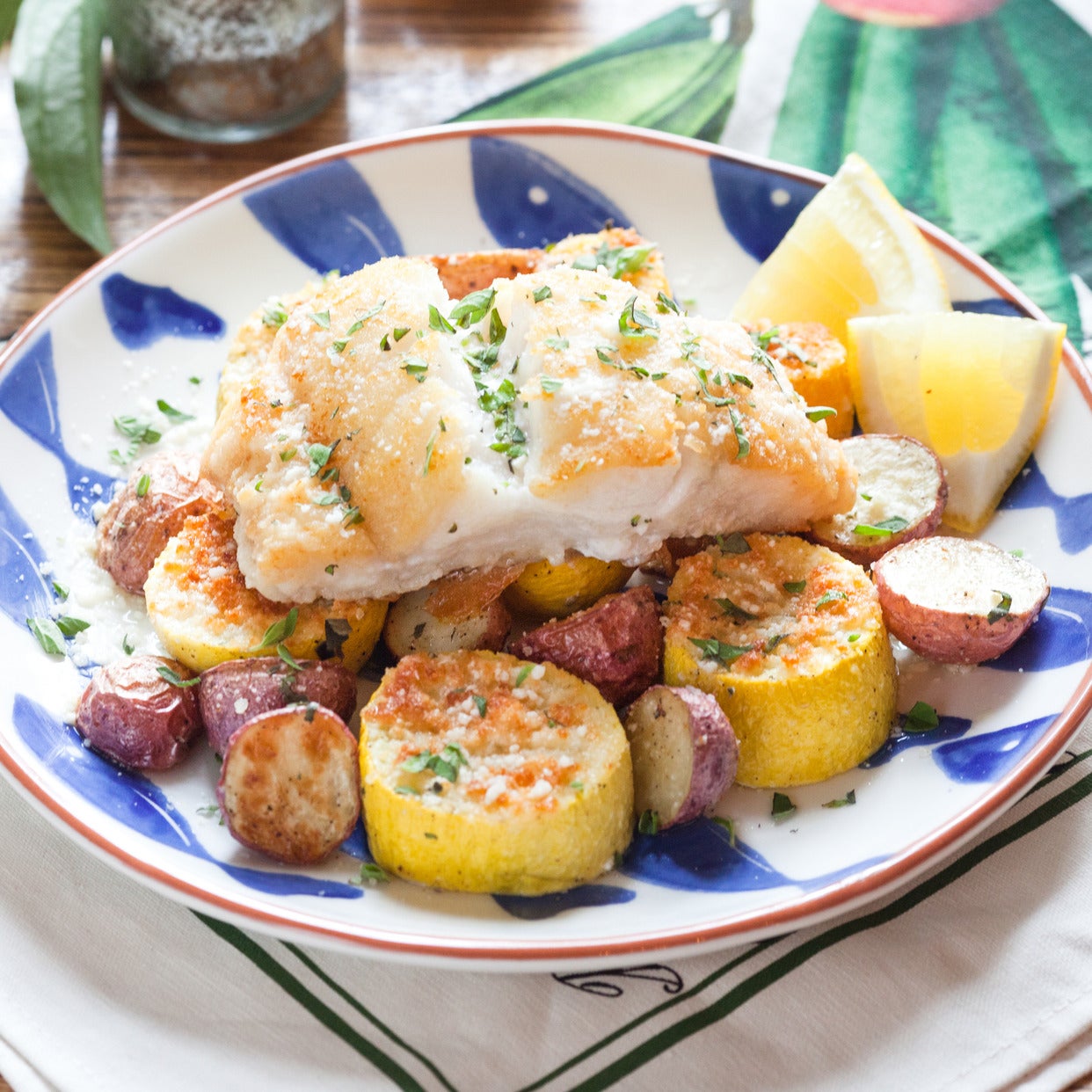 Recipe Pan Seared Cod With Parmesan Crusted Squash Roasted Red Pan Seared Cod With Parmesan Crusted Squash Roasted Red Potatoes