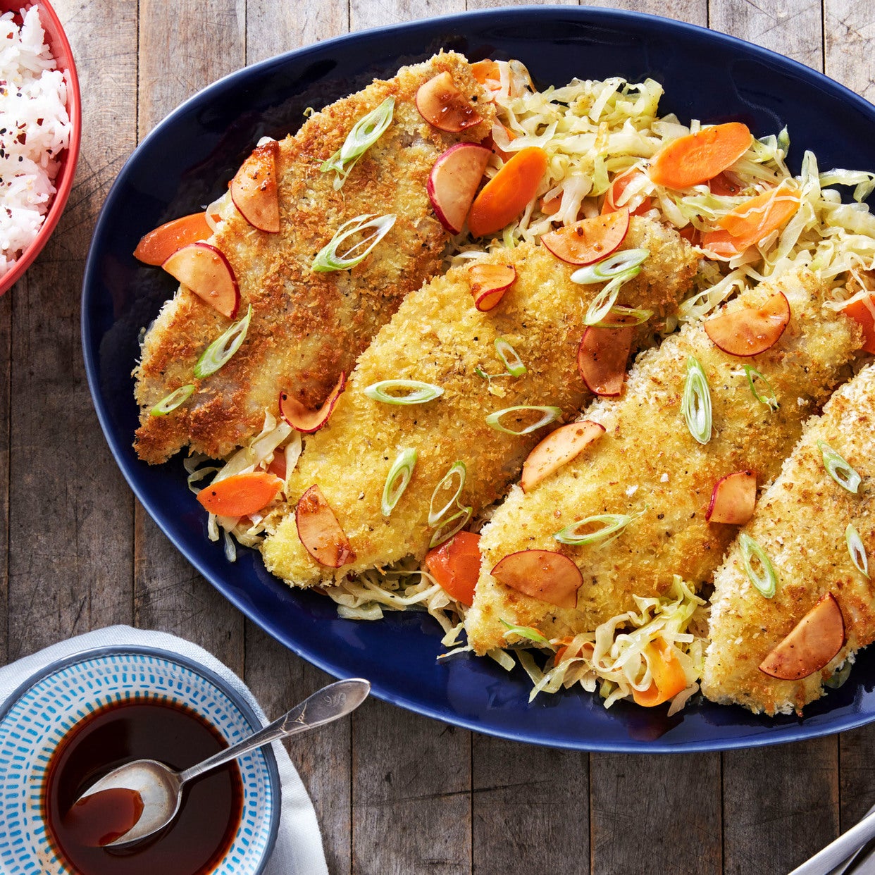 Recipe Catfish Katsu & Yakiniku Sauce with Sesame Cabbage & Jasmine