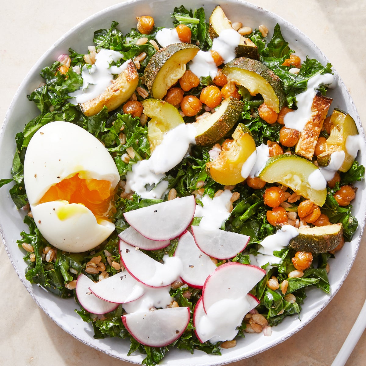Recipe DukkahSpiced Vegetable & Farro Bowls with SoftBoiled Eggs