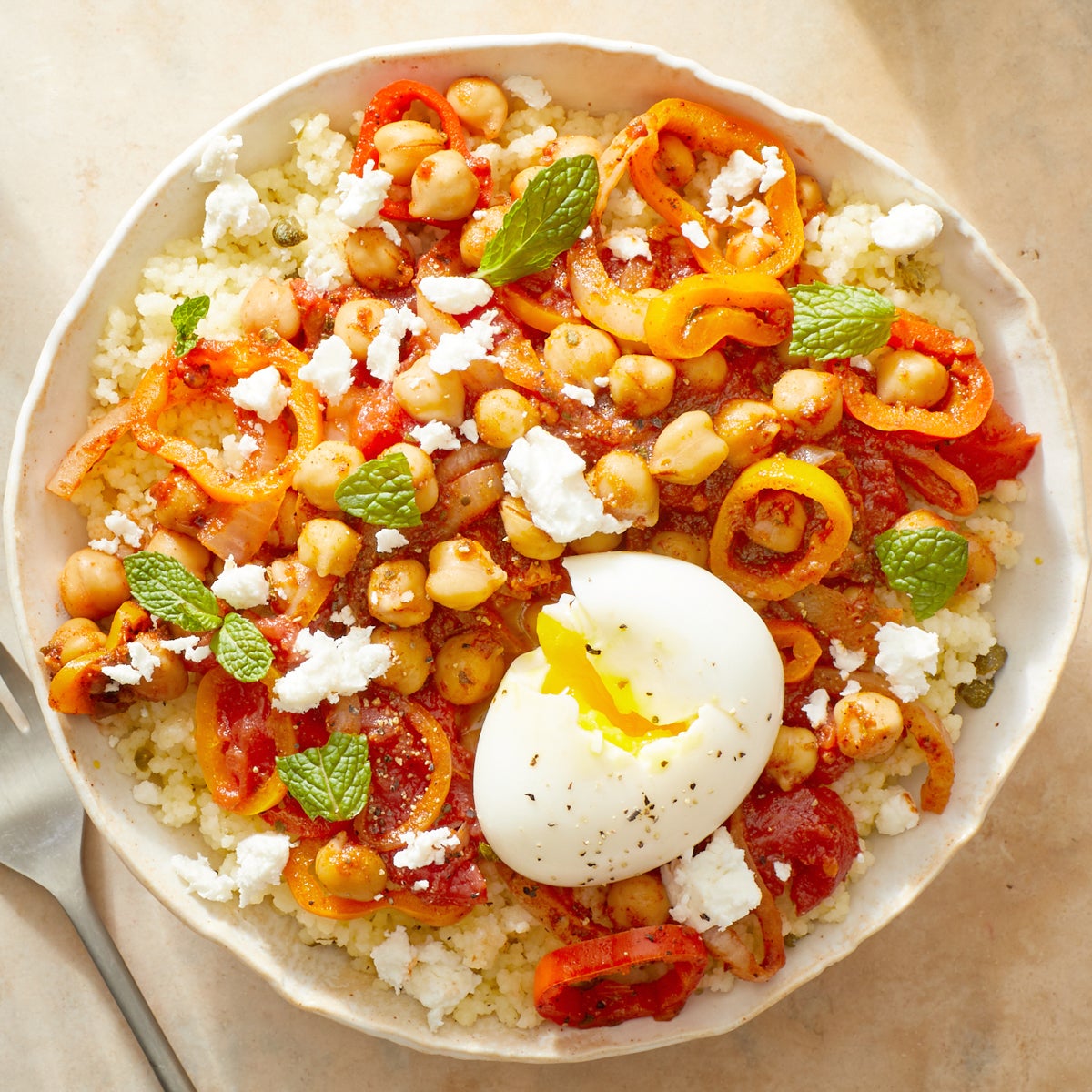 Recipe SpanishSpiced Chickpeas with Couscous, Feta, & SoftBoiled