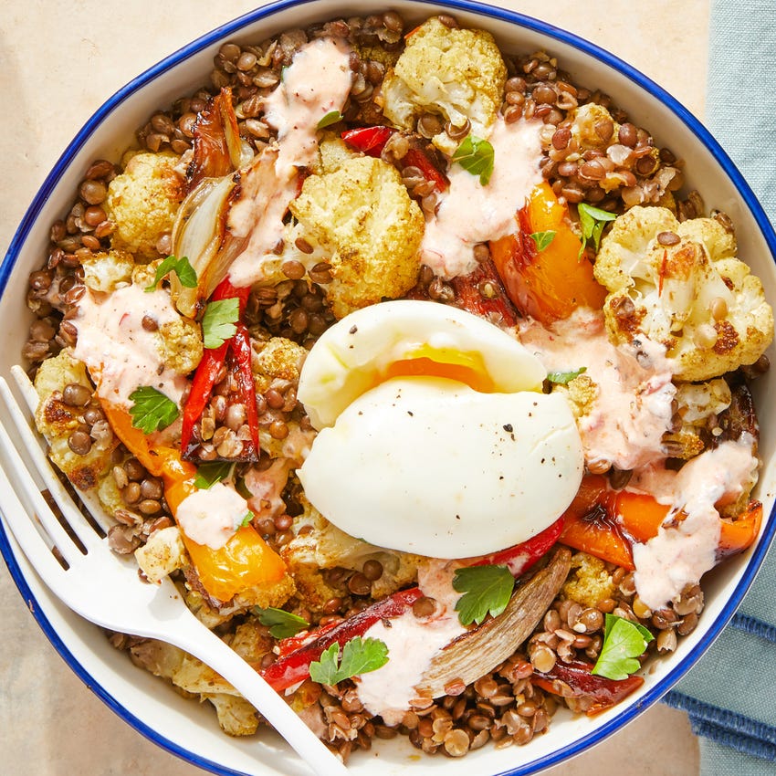 Recipe Mediterranean Lentil Bowl With Roasted Cauliflower Peppers Yogurt Dressing Blue Apron