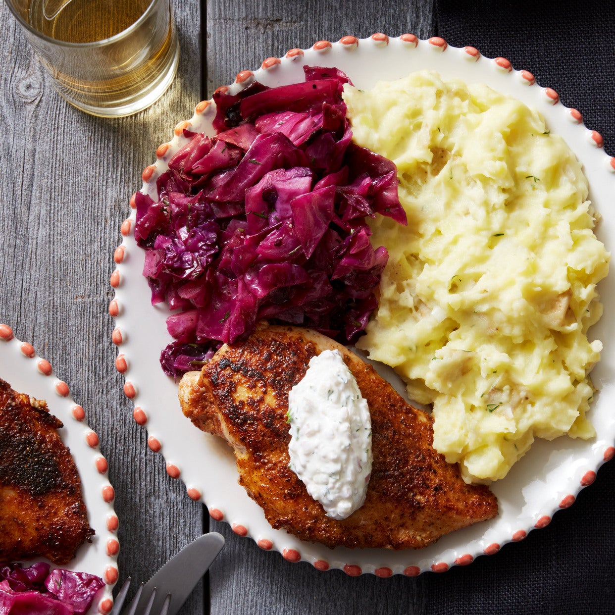 Recipe SpiceCrusted Chicken with Creamy Potatoes & Red Cabbage Blue