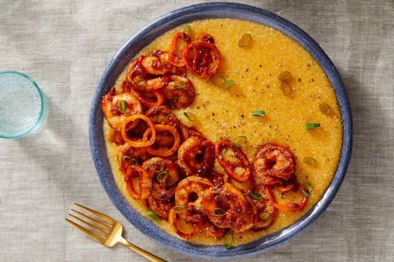 Spicy Shrimp & Grits with Cheddar Cheese Curds & Sweet Peppers-image