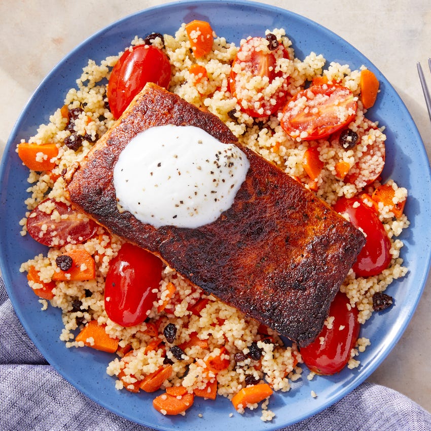 Recipe Moroccan Inspired Salmon Couscous With Lemon Yogurt Blue Apron