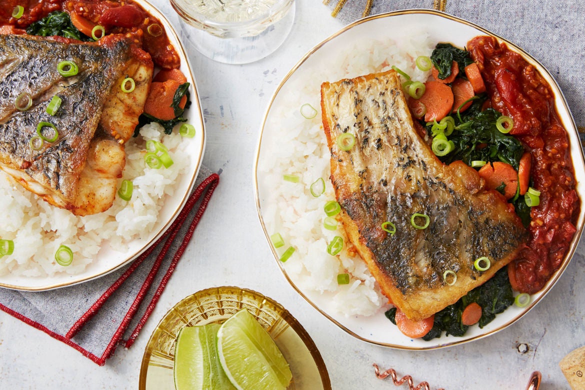 Recipe Barramundi & Caribbean Tomato Sauce with Coconut Rice & Spinach