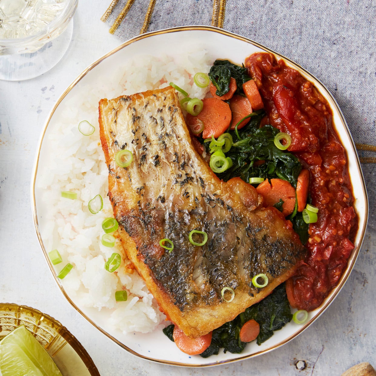 Recipe Barramundi & Caribbean Tomato Sauce with Coconut Rice & Spinach