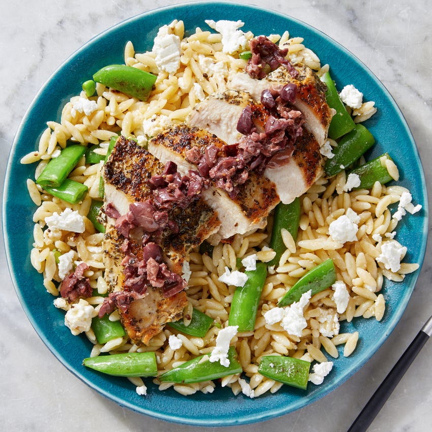 Recipe Mediterranean Chicken & Orzo with Snap Peas, Feta & Olives