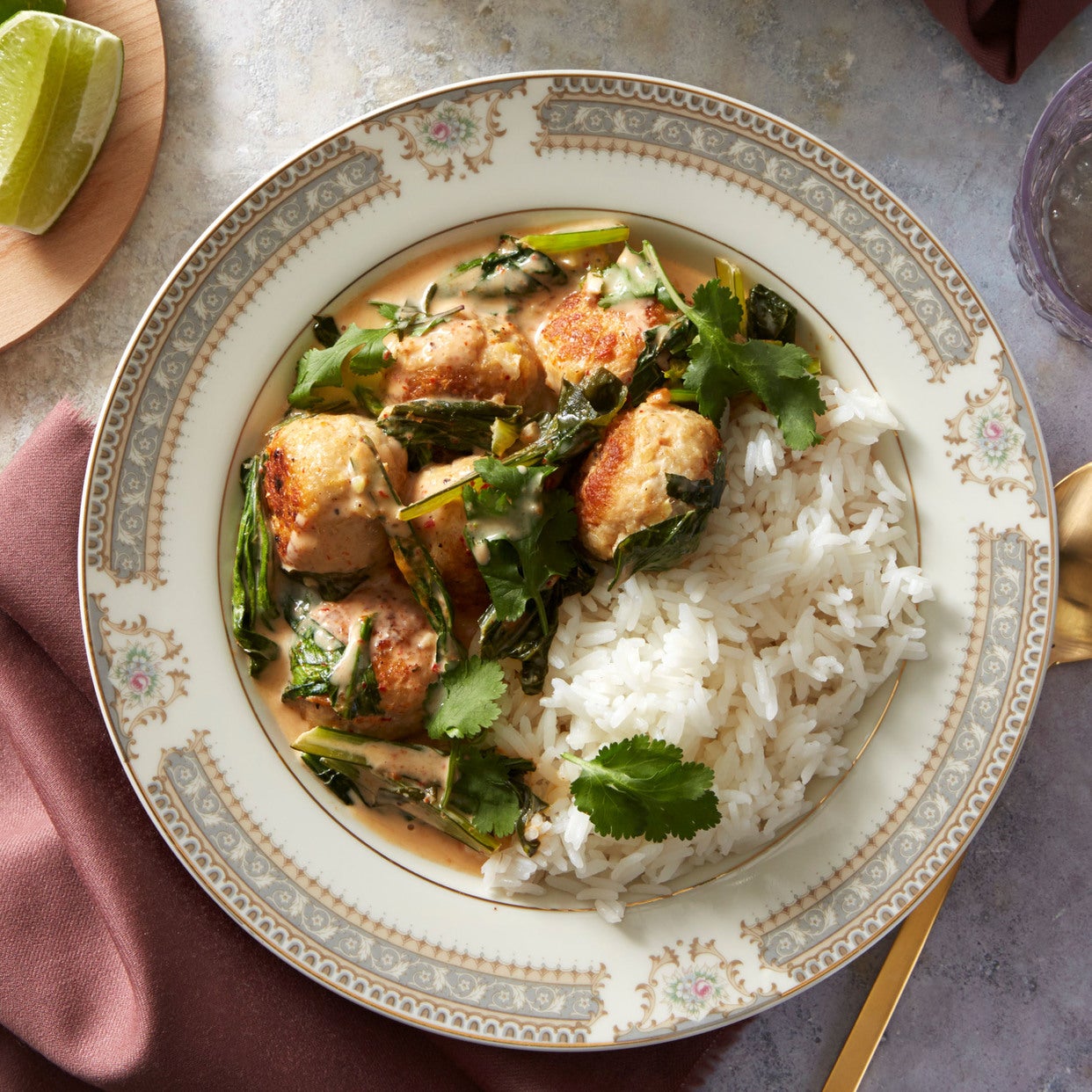 Recipe Spicy Thai Red Curry Meatballs with Jasmine Rice & Yu Choy