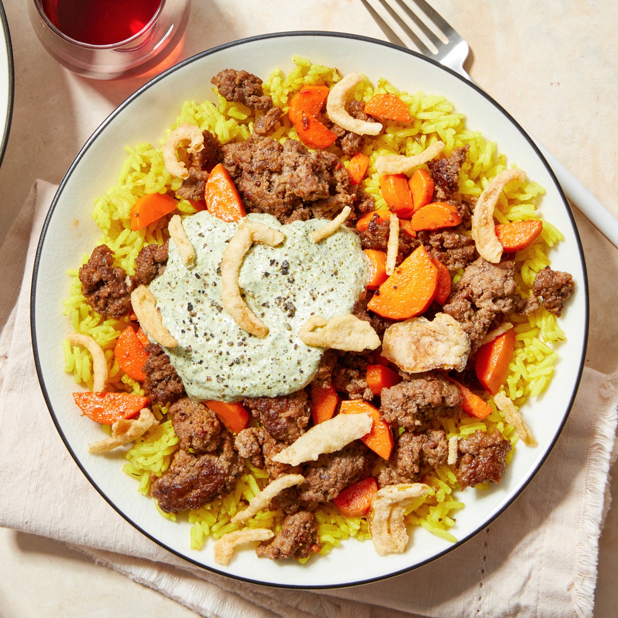 Recipe Beef over CurrySpiced Rice with Creamy Cilantro Sauce Blue Apron