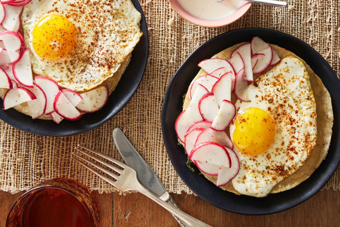 Recipe Kale & White Cheddar Quesadillas with Radishes & Fried Eggs