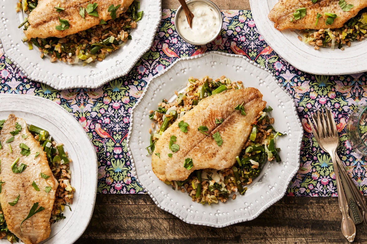 Recipe Crispy Catfish & LemonCaper Aioli with Baby Broccoli & Farro