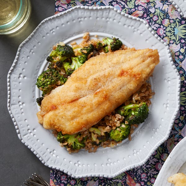 Recipe Crispy Catfish & Creamy LemonCaper Sauce with Broccoli & Farro