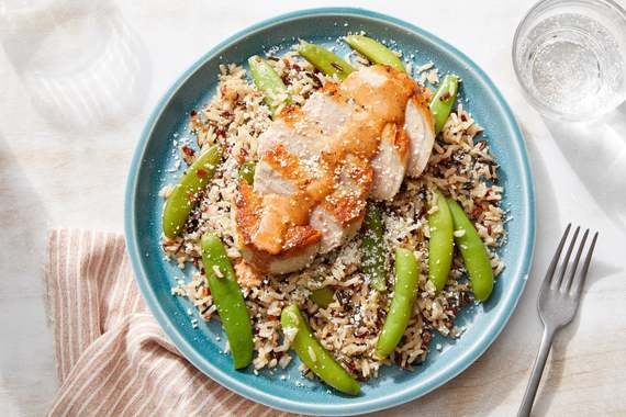 Seared Pork Chops & Chipotle Mayo with Red Rice, Snap Peas & Hot Honey-image