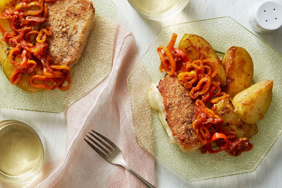 Fontina-Stuffed Pork Chops with Potatoes & Pizzaiola Sauce