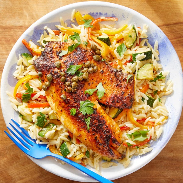 Recipe Seared Tilapia & LemonCaper Sauce with Orzo, Zucchini