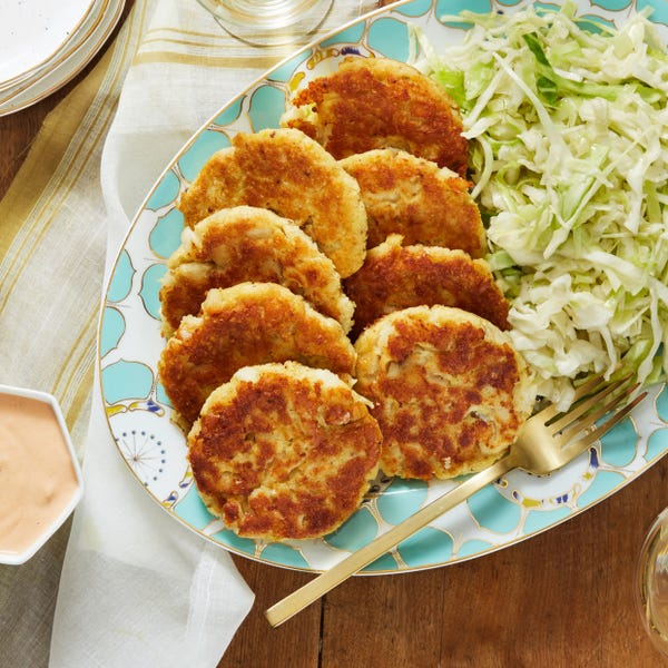 Recipe PanFried Cod & Potato Cakes with Marinated Cabbage Slaw Blue