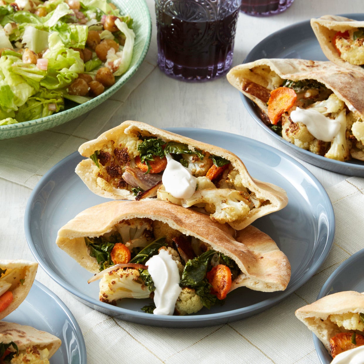 Recipe Roasted Cauliflower Pitas with Red Leaf Lettuce, Chickpea