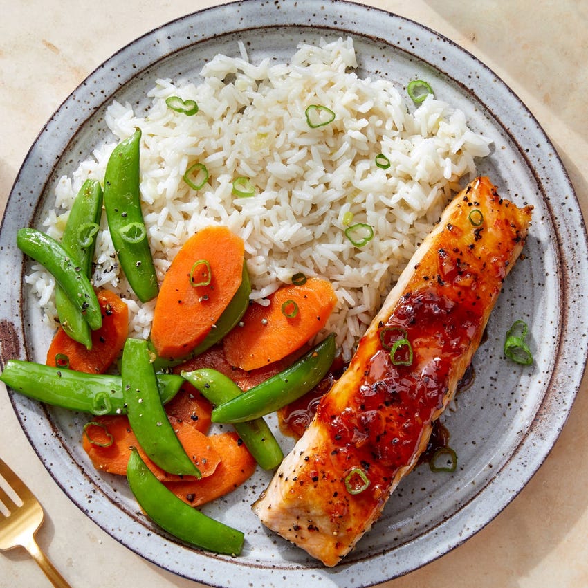Recipe Sweet ChiliGlazed Salmon with Sugar Snap Peas & Carrots Blue