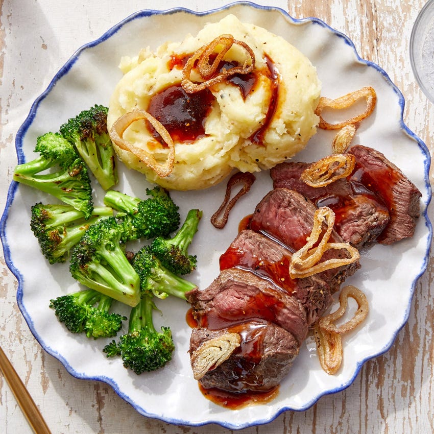 Recipe: Seared Steaks & Crispy Shallot with Mashed Potatoes & Maple-Soy Pan  Sauce - Blue Apron