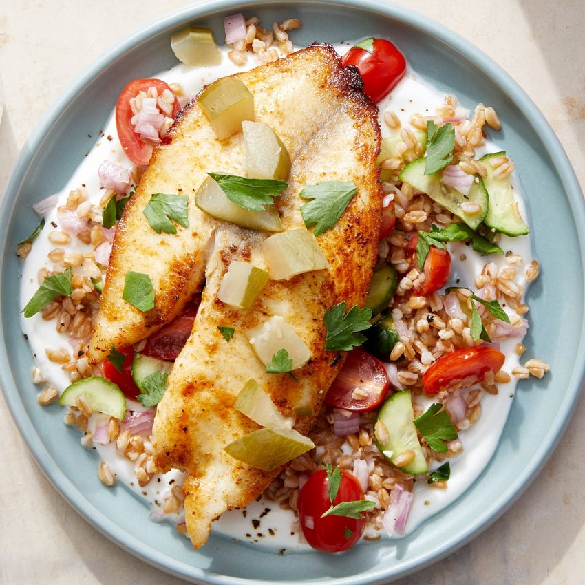 Recipe Spiced Tilapia Farro Salad Over Greek Yogurt Blue Apron Some recipes you can completely swap out sour cream, mayonnaise or heavy cream for yogurt while others i may partially swap some of it out. spiced tilapia farro salad over greek yogurt