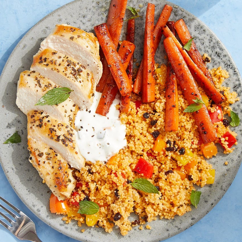 Seared Chicken & Harissa Couscous with Tzatziki & Sautéed Carrots