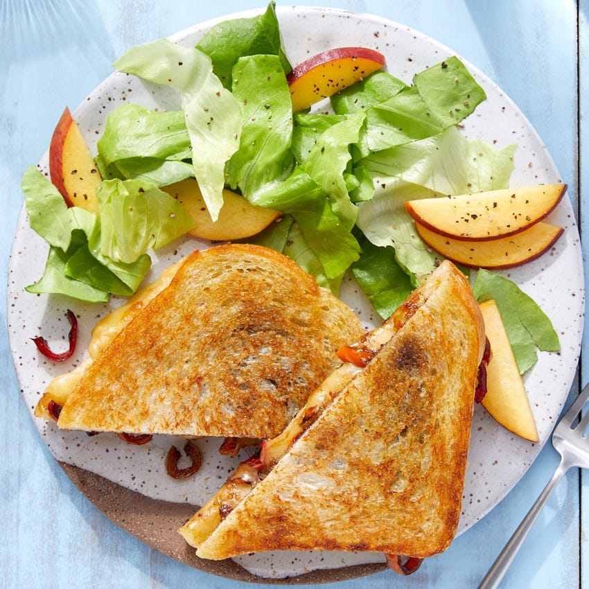 Recipe Sweet Pepper Fig Grilled Cheese With Butter Lettuce Peach Salad Blue Apron This grilled peach salad is chop lettuce into bite sized pieces and place in a large serving bowl. sweet pepper fig grilled cheese with butter lettuce peach salad