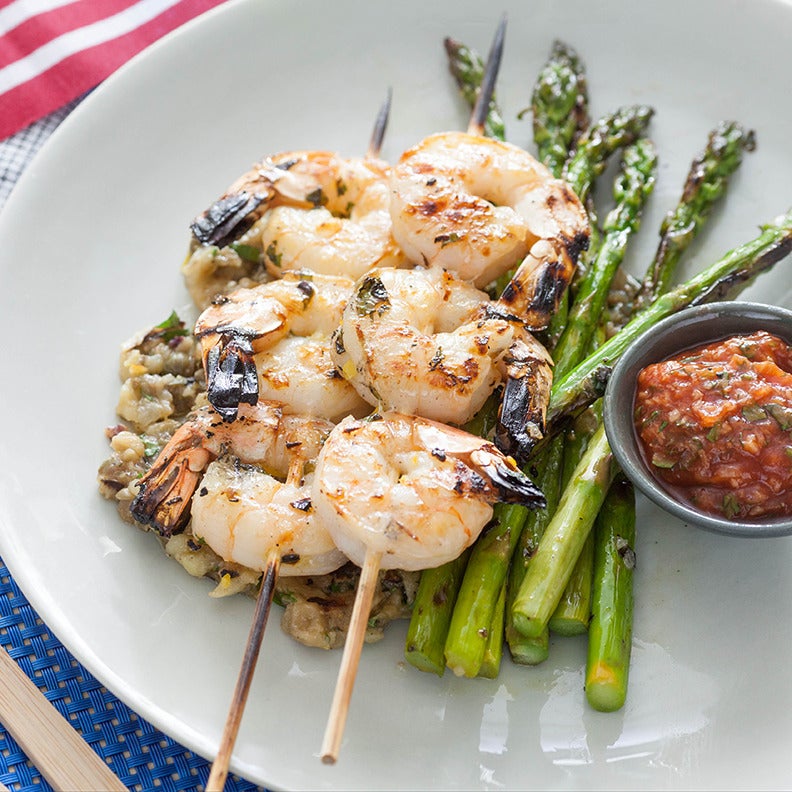 Recipe Grilled Shrimp Cocktail with Eggplant Caponata & Asparagus