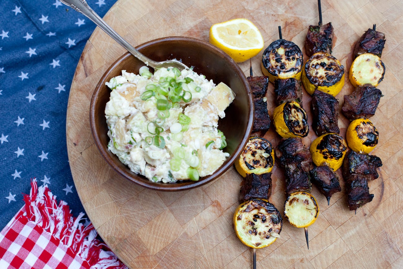 Recipe Steak & Summer Squash Kabobs with Blue Cheese Potato Salad