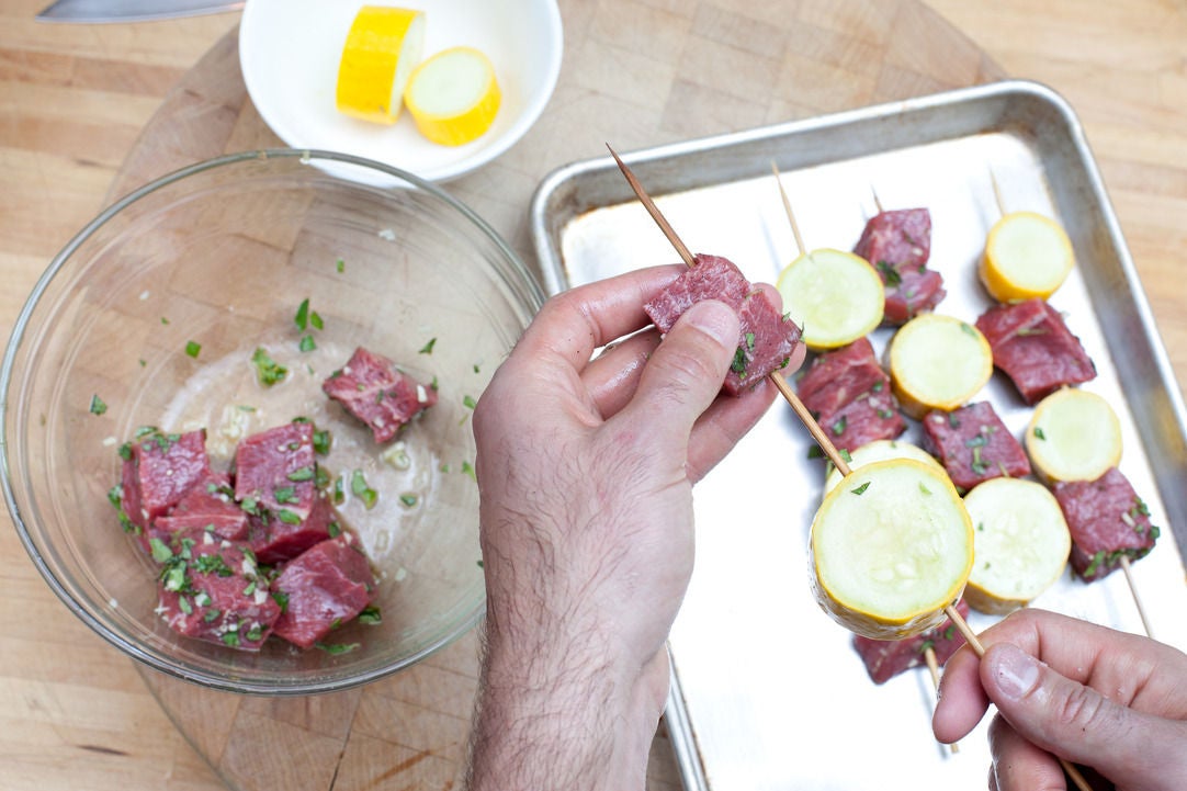 Recipe Steak & Summer Squash Kabobs with Blue Cheese Potato Salad