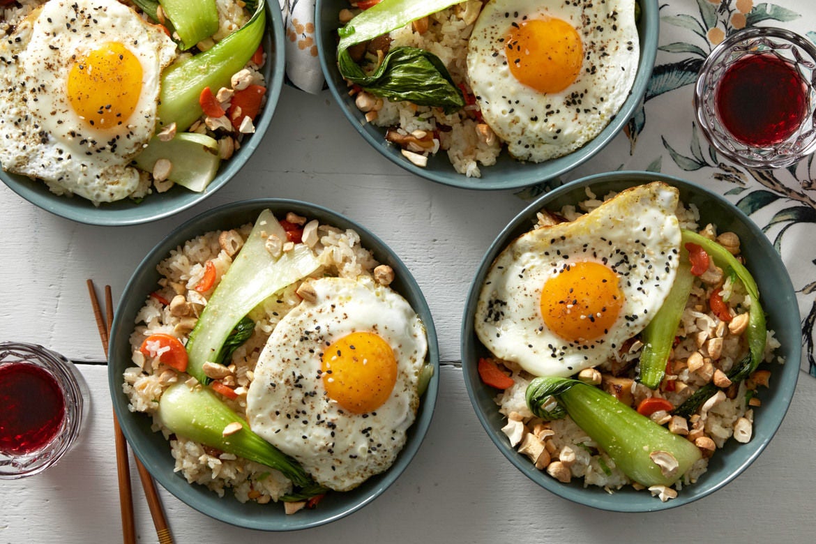Recipe Bok Choy & Shiitake Fried Rice with Fried Eggs & Cashews Blue